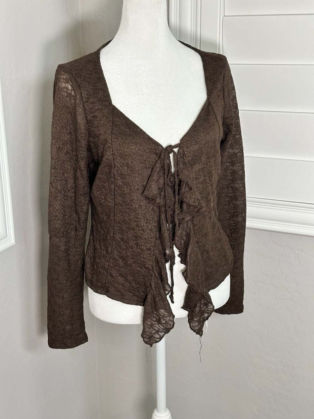 Good Days Project Chocolate Lace Tie Front Ruffle Long Sleeve Top, XL